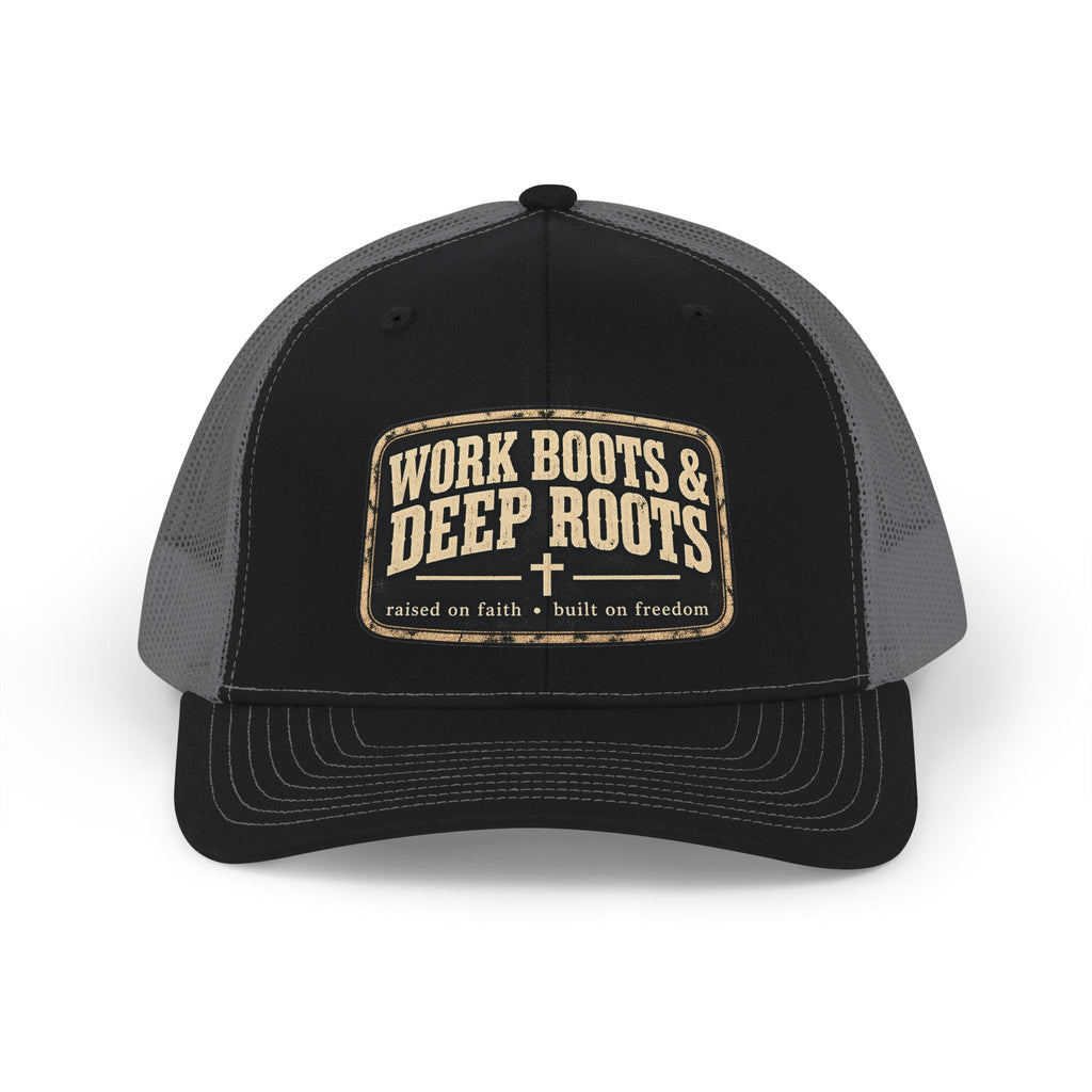 Work Boots & Deep Roots Trucker Cap – Rustic Patch Snapback Hat