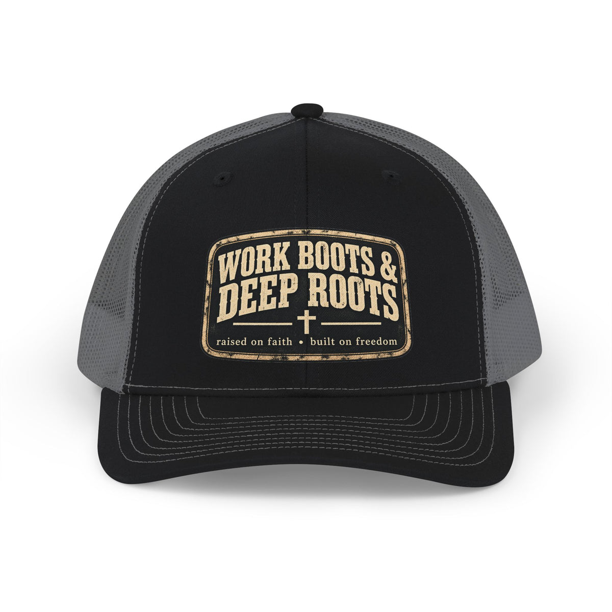Work Boots & Deep Roots Trucker Cap – Rustic Patch Snapback Hat