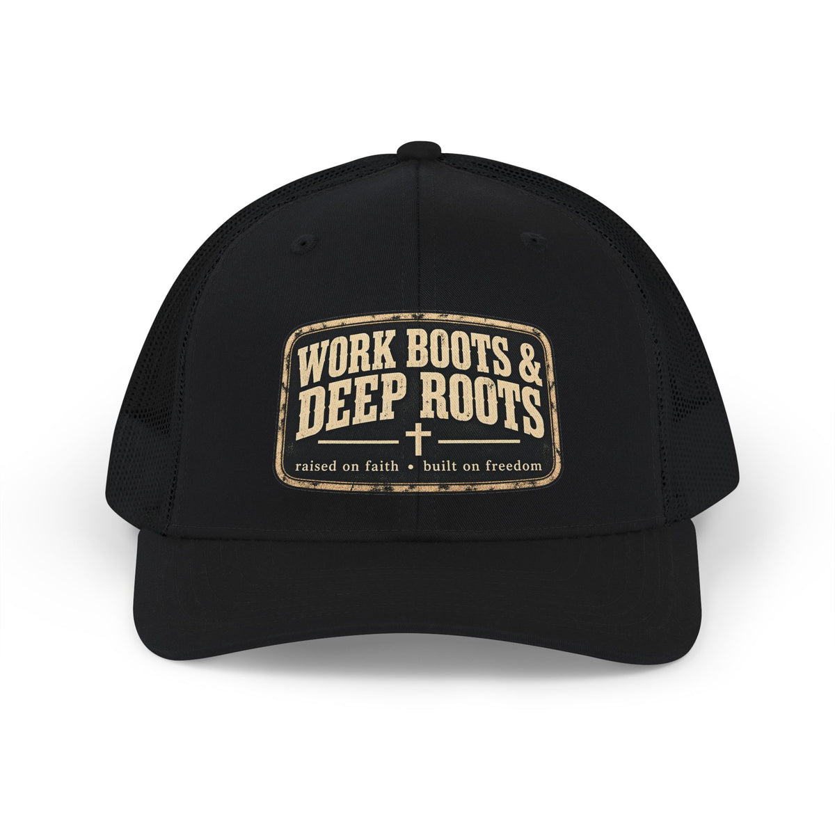 Work Boots & Deep Roots Trucker Cap – Rustic Patch Snapback Hat