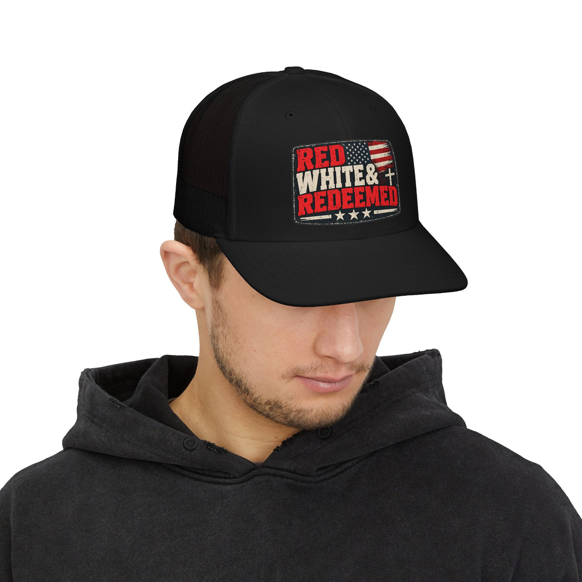 Trucker Cap — "Red White & Redeemed" American Flag Patch