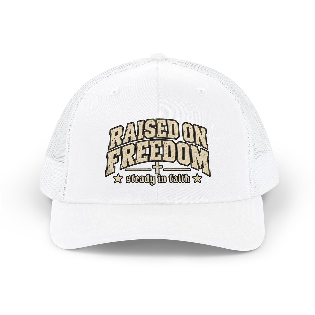 Raised on Freedom Snapback Trucker Cap — "Steady in Faith" Patriotic Mesh Hat