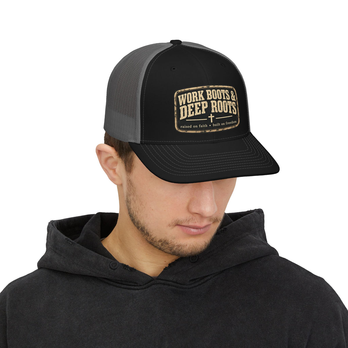 Work Boots & Deep Roots Trucker Cap – Rustic Patch Snapback Hat