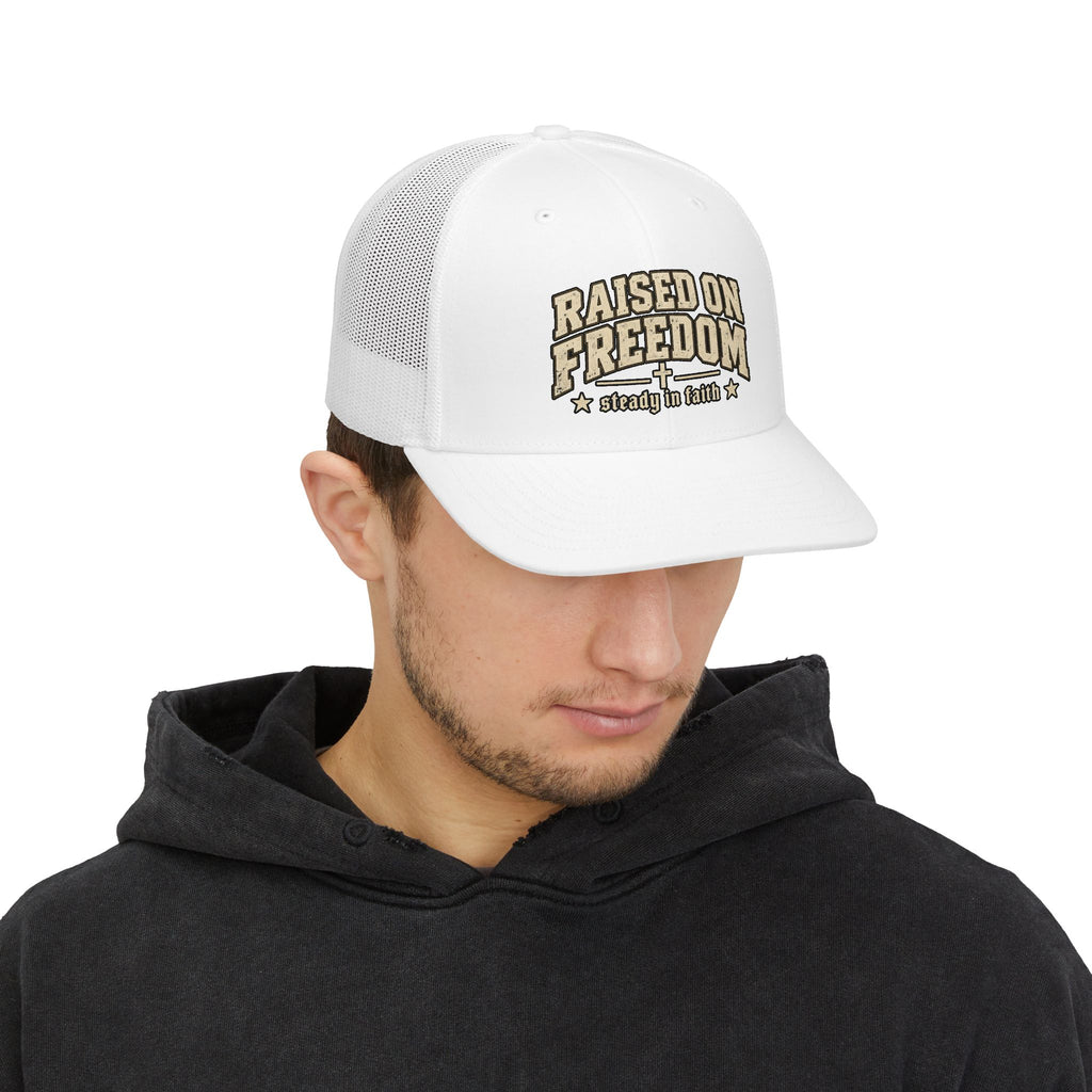 Raised on Freedom Snapback Trucker Cap — "Steady in Faith" Patriotic Mesh Hat
